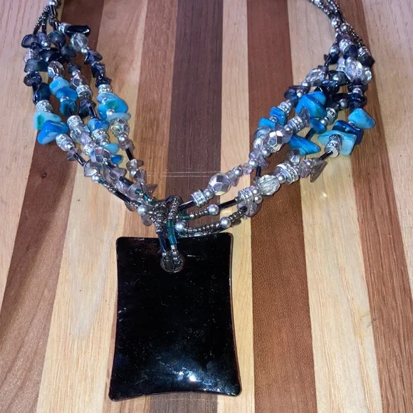 Handcrafted Beaded Necklace Teal Black Silver Glass Pendant - Picture 6 of 6